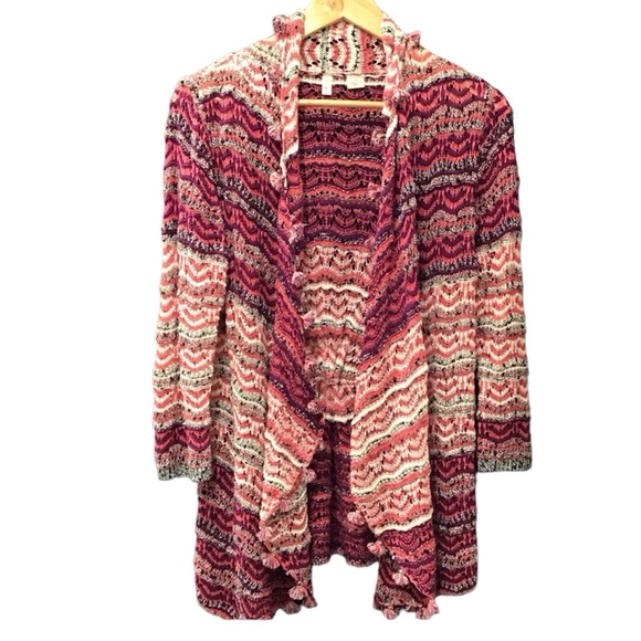 Moth Womens Crochet Cardigan Open Front Sweater Size M Fringe Stripes Poms Boho - Picture 15 of 15